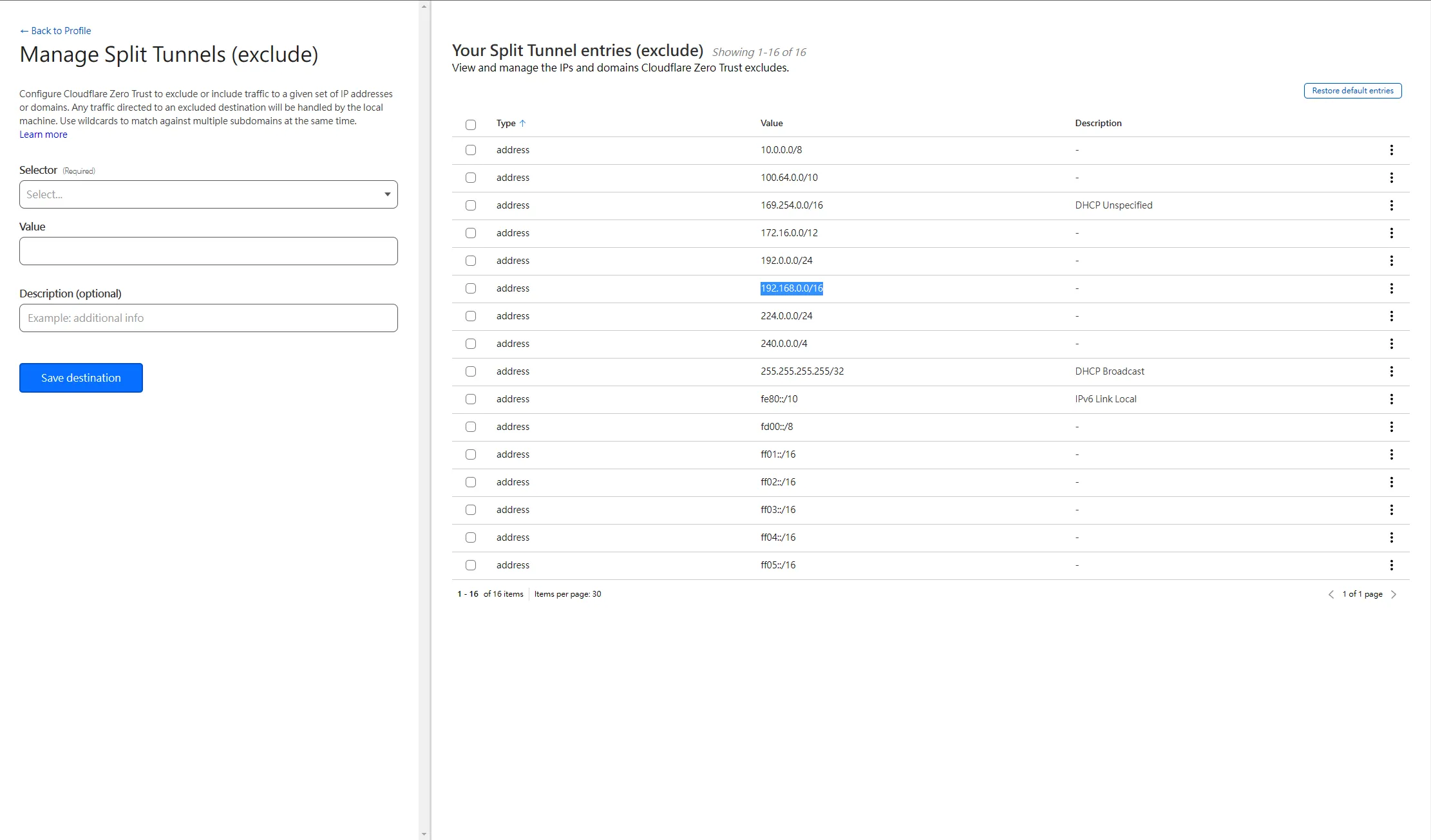 Cloudflare Tunnel WARP Client split tunnels delete