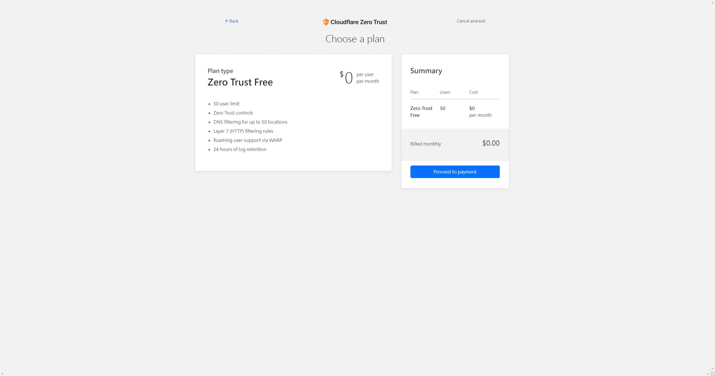 Cloudflare Zero Trust Proceed to payment